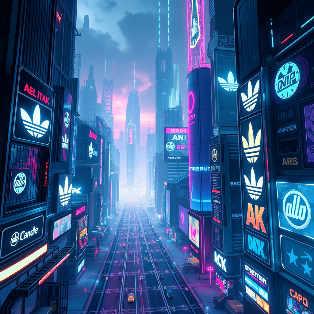 A futuristic cityscape with logos seamlessly integrated into the architecture and environment. Some logos appear as holographic projections, others as dynamic displays on buildings. The lighting should be vibrant and futuristic, with neon accents and holographic effects. Style: Sci-fi, futuristic. Resolution: 4K.