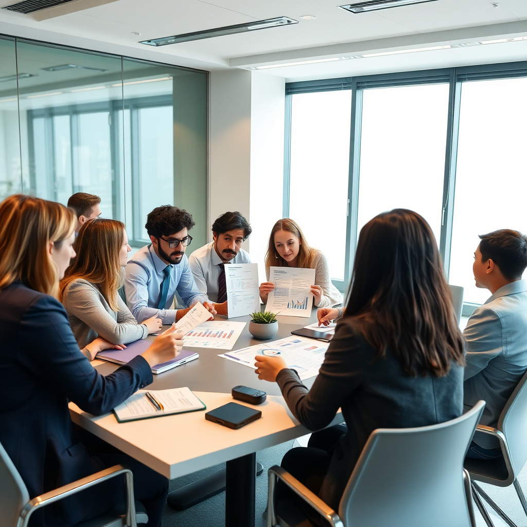 A strategic planning meeting with diverse team members collaborating around a table, reviewing brand guidelines and market research data. The environment should be brightly lit and professional. Style: Corporate, collaborative. Resolution: 4K.