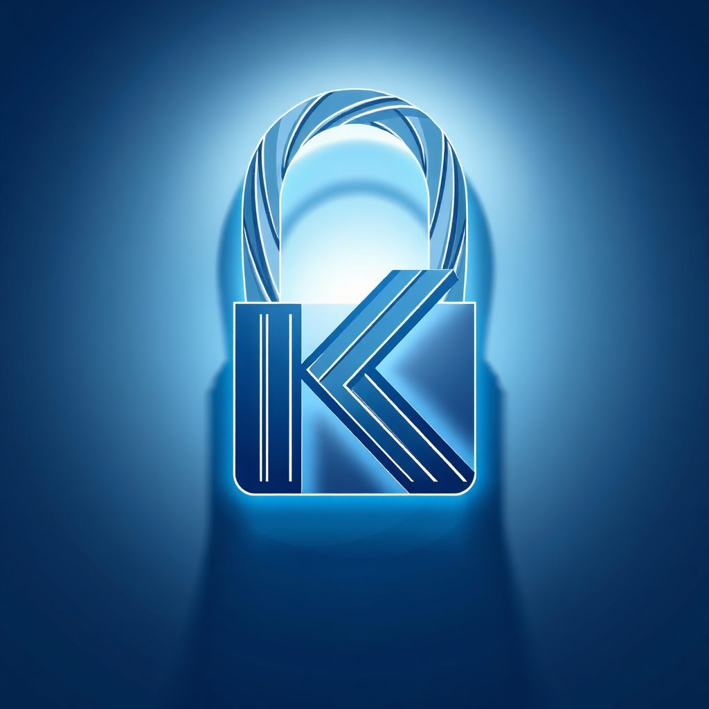 A stylized lock shaped like the initial 'K' for Kirkopolis. The lock is made of interwoven lines representing the elements of a brand: logo, color, and message. The lock is brightly lit, casting intricate shadows. Style: Modern, geometric design. Resolution: 4K.