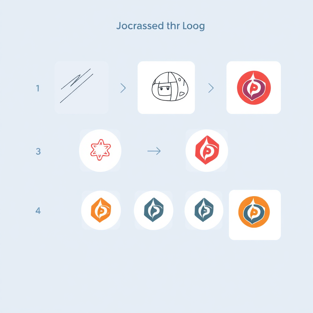 A visual representation of the logo design process, from a rough sketch to a polished final design. Each stage is clearly defined and visually distinct. The background should be clean and minimalist. Style: Infographic, step-by-step illustration. Resolution: 4K.
