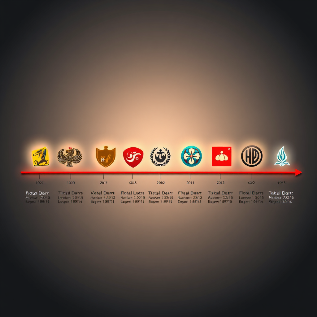 A visual timeline featuring logos from various historical eras (e.g., ancient Egyptian hieroglyphs, medieval crests, Art Deco symbols, modern minimalist designs). The timeline should arc across the frame, subtly illuminated with different lighting to distinguish each era. Texture variations for each era (papyrus, parchment, metal, glass, etc.). Style: Stylized infographic, vibrant and engaging. Resolution: 4K.