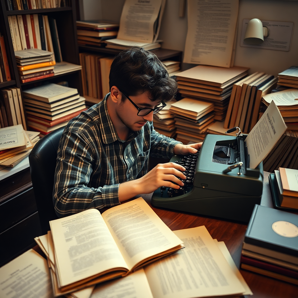 A writer working at a vintage typewriter, surrounded by books and papers, capturing the essence of content creation. The lighting should be warm and inviting. Style: Vintage, creative. Resolution: 4K.