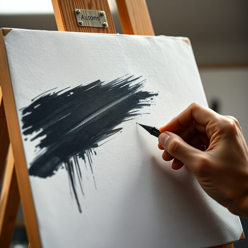 An artist's hand delicately sketching a logo concept on a canvas. The lighting should be soft and natural, highlighting the texture of the canvas and the charcoal strokes. The background should be blurred, focusing attention on the hand and the emerging design. Style: Photorealistic, artistic. Resolution: 4K.
