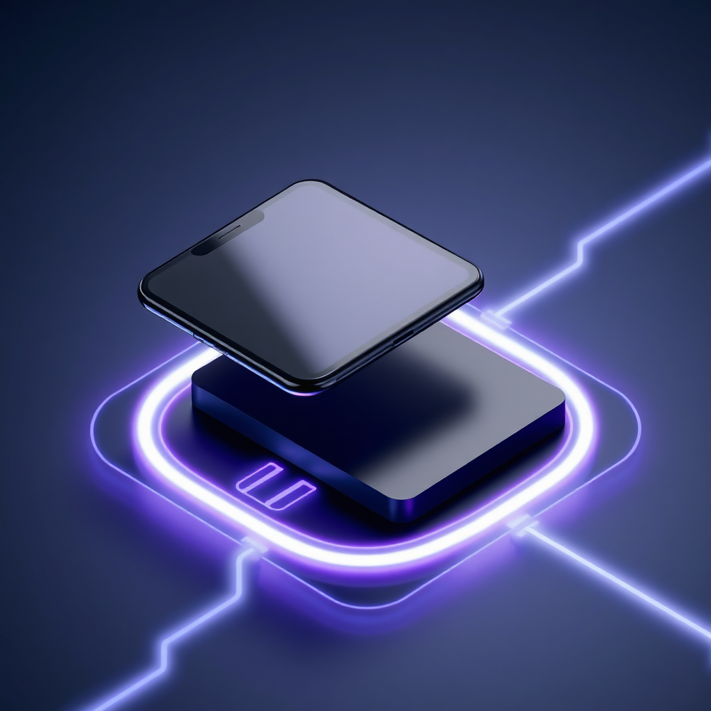 3D render of a sleek smartphone tapping a matte black NFC business card, glowing violet connection points