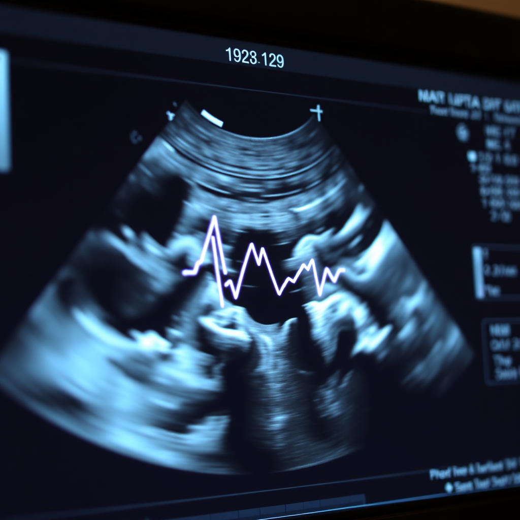 A close-up, photorealistic image of an ultrasound screen showing a clear image of a fetal heartbeat in motion. Emphasis on the visual representation of life.