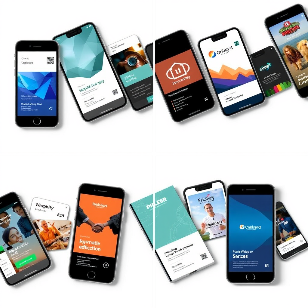 A collage of diverse and visually appealing mobile business card designs displayed on various smartphone models. Each design showcases a different industry and branding style. The lighting is bright and even, highlighting the details of each card.