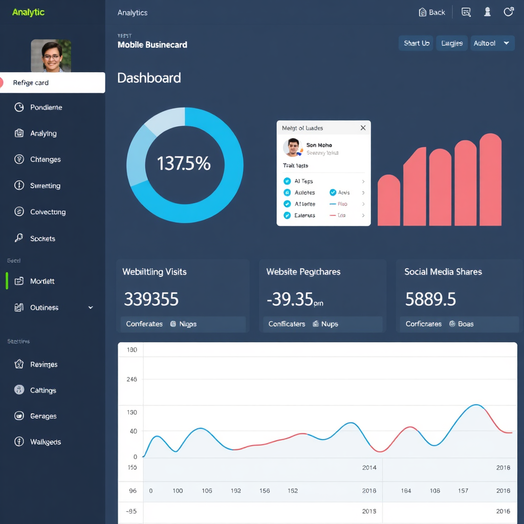 A dashboard displaying analytics data related to a mobile business card, showcasing key metrics such as number of taps, website visits, and social media shares. The color palette is professional and informative.
