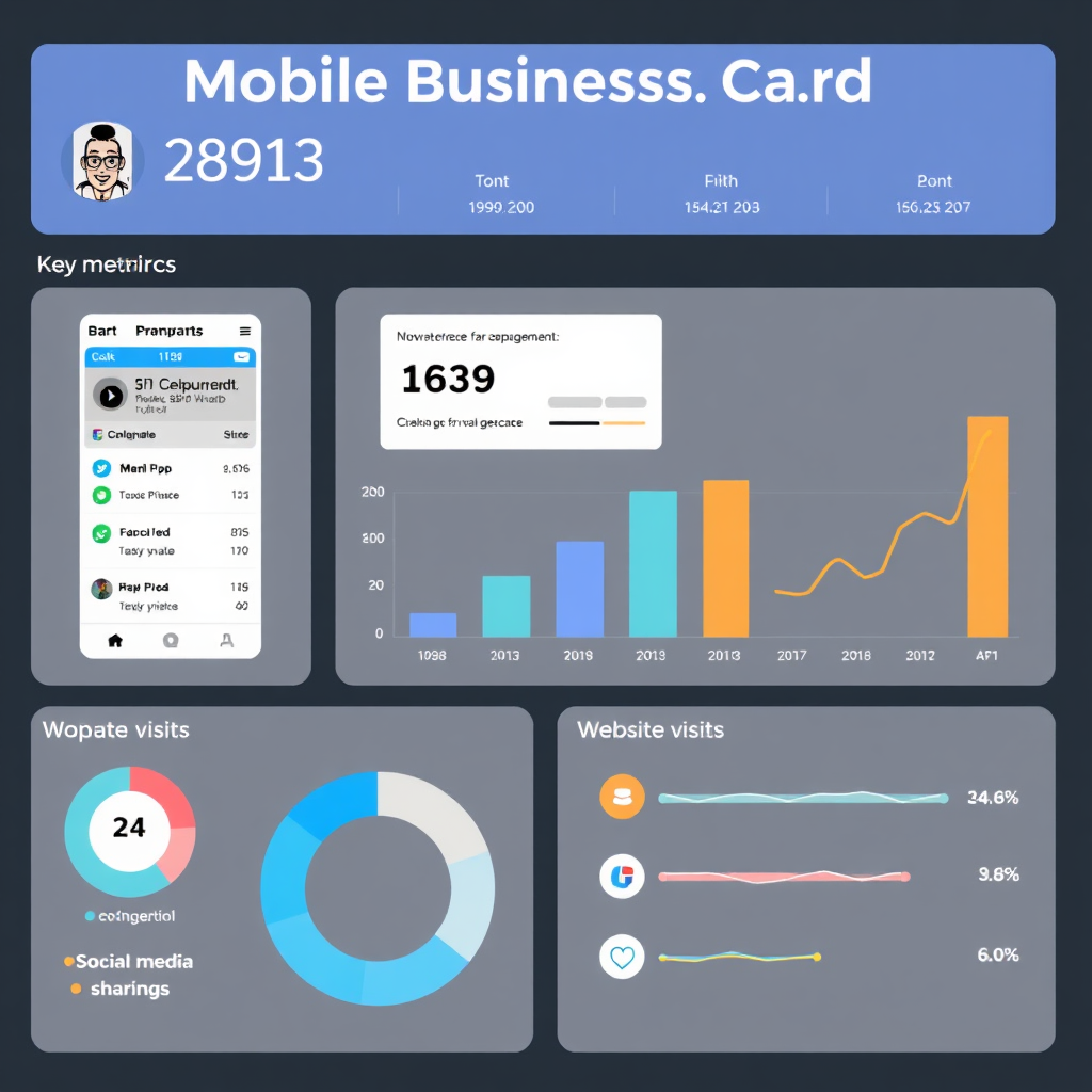 A dashboard displaying key metrics and data visualizations related to mobile business card performance, including number of taps, website visits, and social media shares. The color palette is clean and professional, with clear and informative charts.