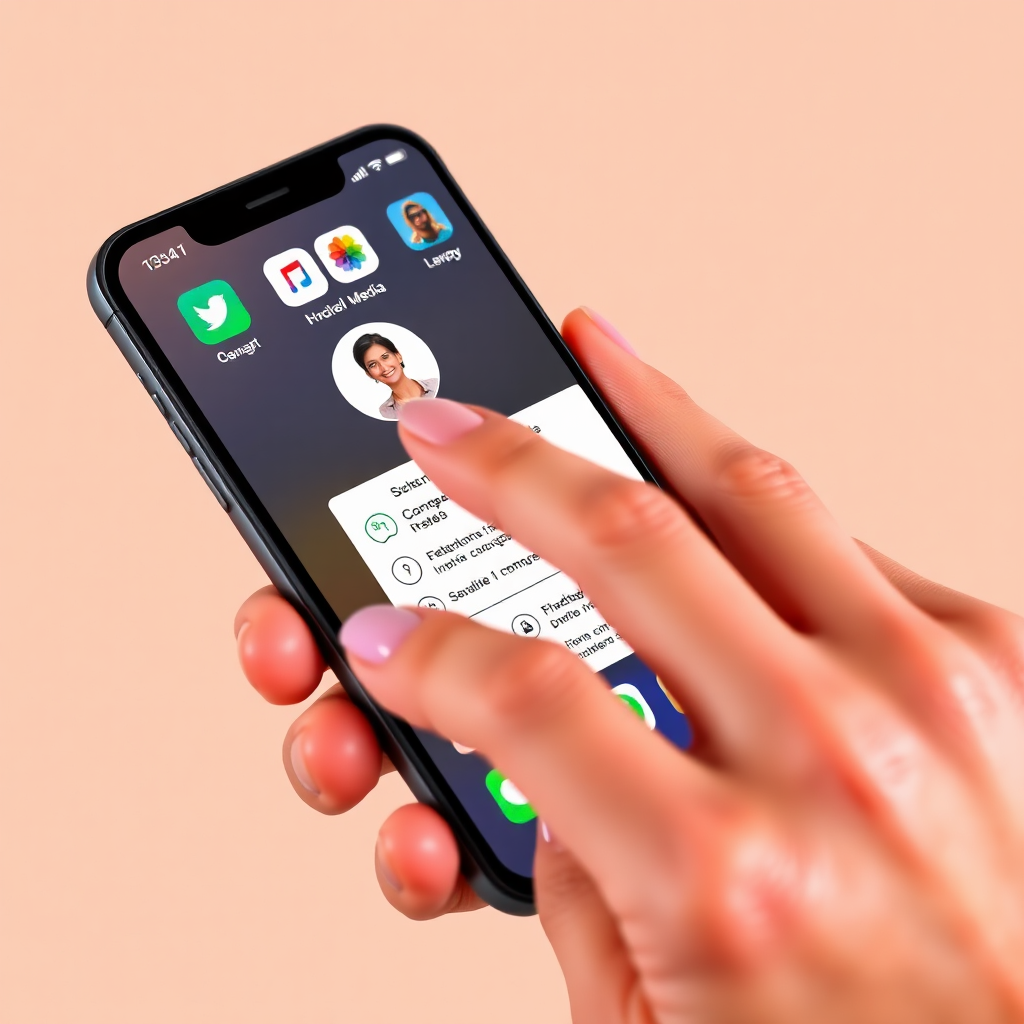 A hand quickly tapping a mobile business card icon on a smartphone home screen, instantly opening a detailed contact card with links to social media, website, and other relevant information. The color palette is vibrant and energetic.