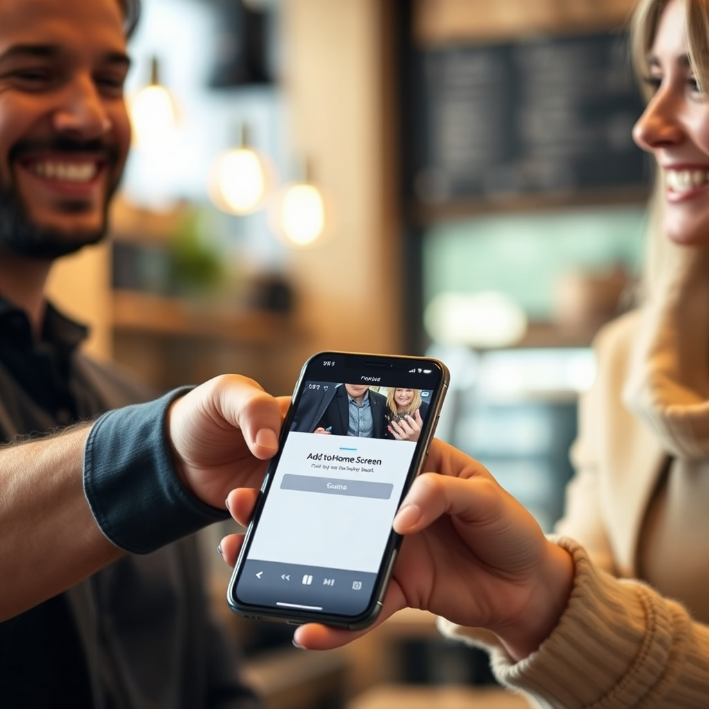 A person handing their smartphone to another person, both smiling. The screen displays the 'Add to Home Screen' prompt on a mobile business card. The background is a blurred coffee shop setting. The lighting is warm and inviting.