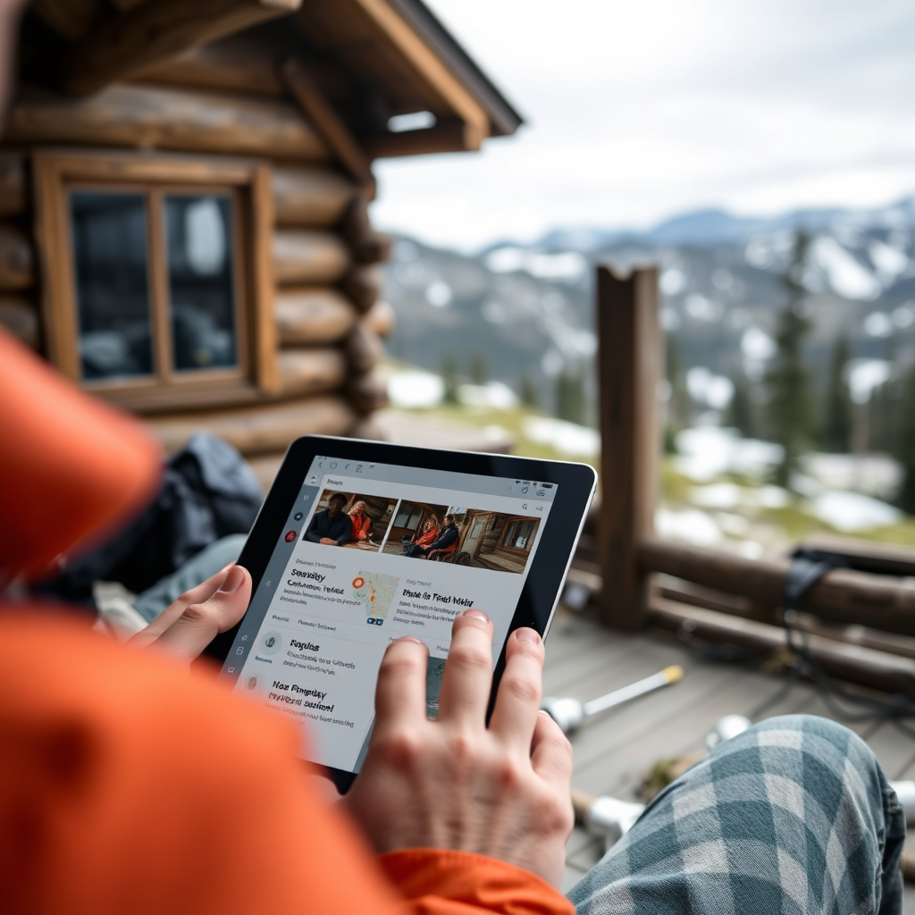 A person using a PWA on a tablet in a location with no visible internet signal (e.g., a remote cabin). The app is functioning perfectly, displaying information and allowing interaction. The scene should convey a sense of freedom and reliability, emphasizing the app's offline capabilities.