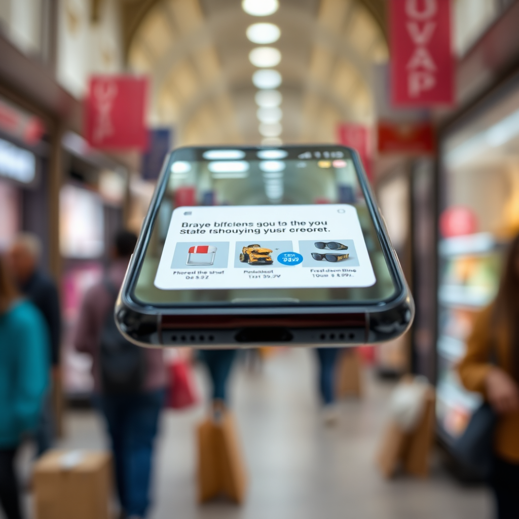 A photorealistic close-up of a mobile phone displaying a compelling push notification leading to a shopping app with highlighted products. The background should show a blurred image of a busy shopping street, conveying the sense of immediate action and purchase. The notification should be clear, concise, and visually appealing. Lighting should be bright and focused, highlighting the notification's call to action. Use shallow depth of field. 4K resolution, hyperrealistic.