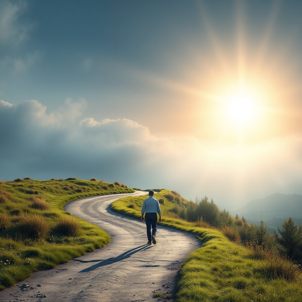 A photorealistic image depicting a person walking along a winding path, illuminated by a distant light. The path represents life's journey, and the light symbolizes spiritual guidance. The scenery is natural and serene. 4k, high detail, realistic.
