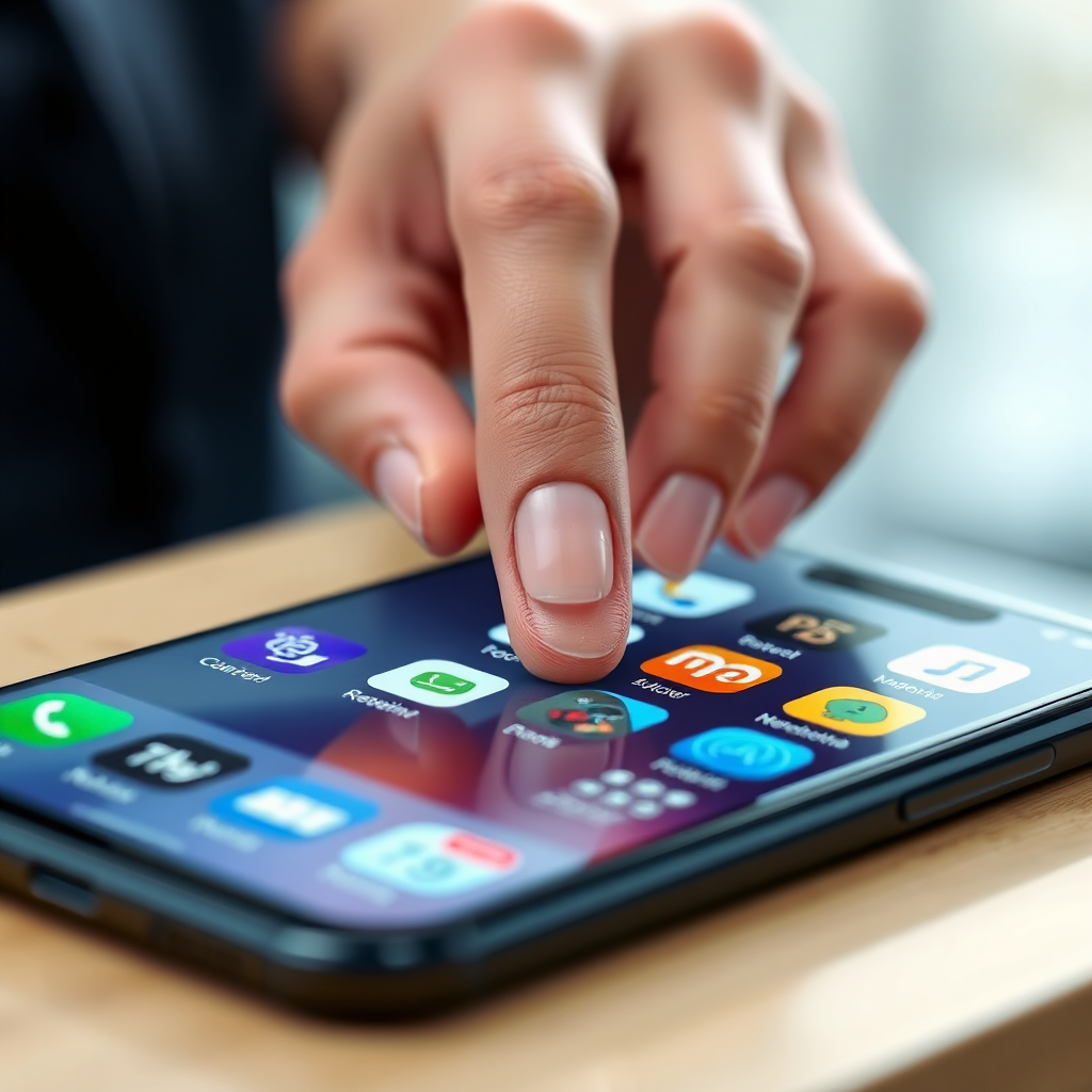 A photorealistic image of a hand tapping a mobile business card icon on a smartphone home screen. The icon is surrounded by other app icons, but slightly highlighted. The background is blurred, suggesting a busy environment. Lighting focuses on the screen, emphasizing the tap action. The style is clean and modern.