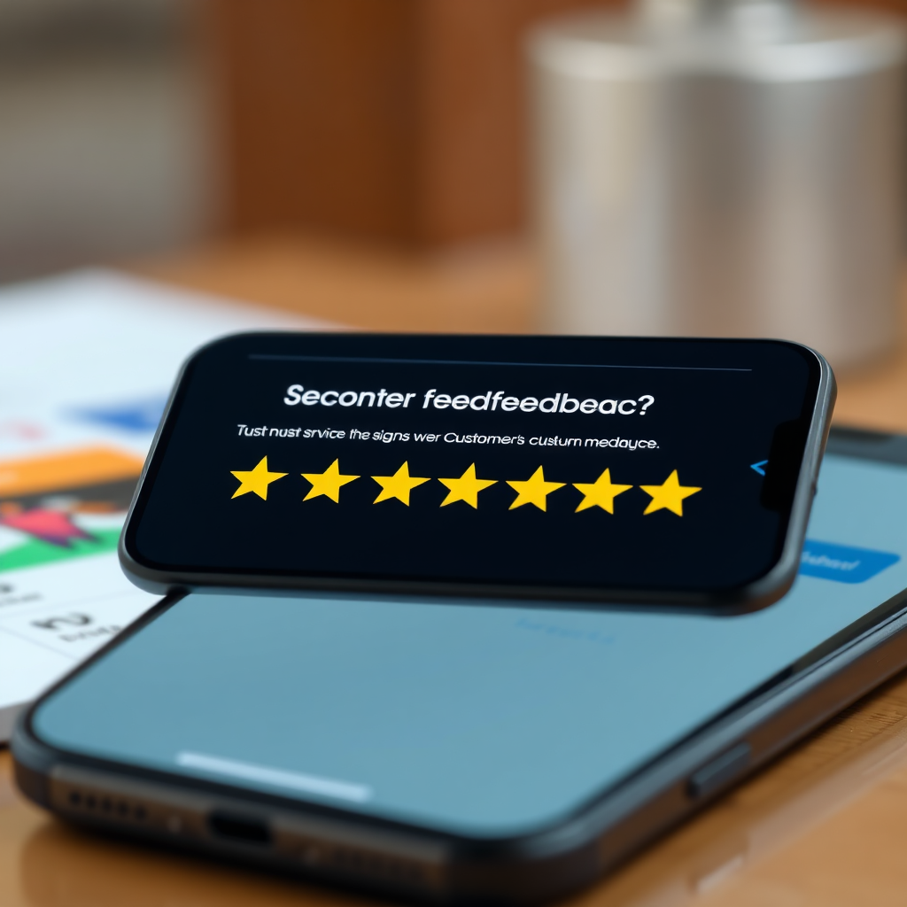A photorealistic image of a mobile phone displaying a push notification asking for customer feedback with star ratings. The background should show a blurred image of a user interface for a customer service dashboard. The notification should be clear and concise. Lighting should be bright and focused. 4K resolution, hyperrealistic.