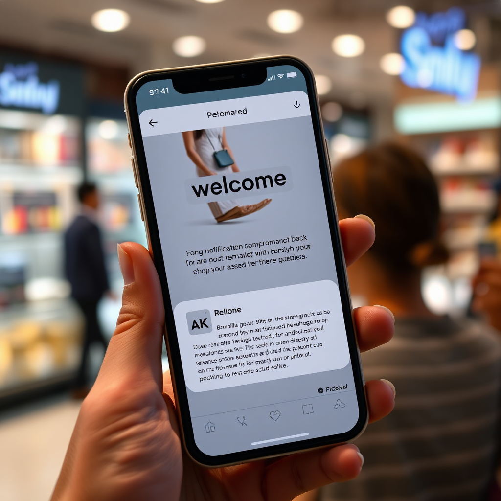 A photorealistic image of a mobile phone displaying a personalized welcome message and relevant product recommendations. The background should show a blurred image of a user browsing an online store. The notification should be friendly and inviting. Lighting should be soft and warm. 4K resolution, hyperrealistic.
