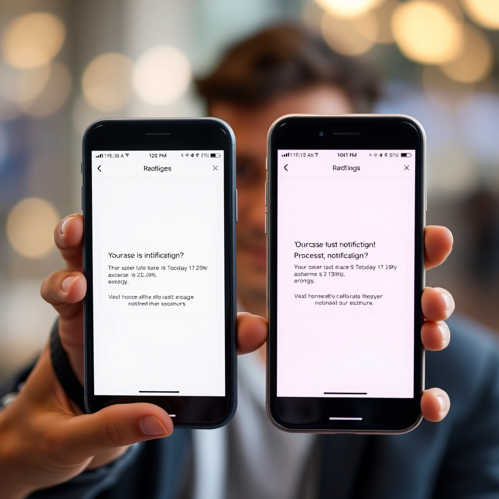 A photorealistic image of a mobile phone displaying two different versions of a push notification side by side, representing A/B testing. The background should show a blurred image of a user comparing the two notifications. Lighting should be bright and focused. 4K resolution, hyperrealistic.