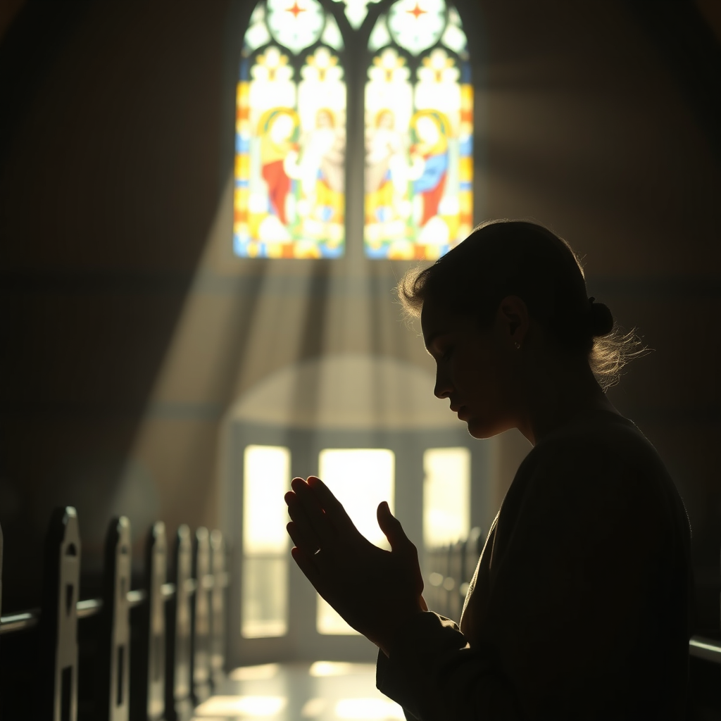 A photorealistic image of a person praying in a quiet chapel. Soft light streams through the stained-glass windows, creating a peaceful and reverent atmosphere. The person's face is serene and hopeful. 4k, high detail, realistic.