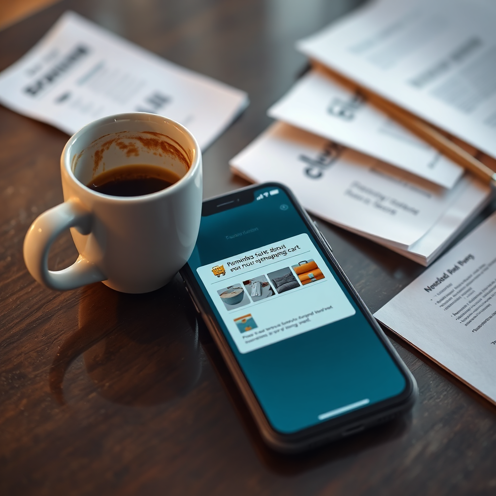 A photorealistic image showing a mobile phone displaying a push notification reminding the user about items left in their shopping cart. The phone rests on a table next to a half-empty coffee cup and some scattered papers, suggesting a busy user. The notification should feature images of the abandoned items. Lighting should be warm and inviting. 4K resolution, hyperrealistic.