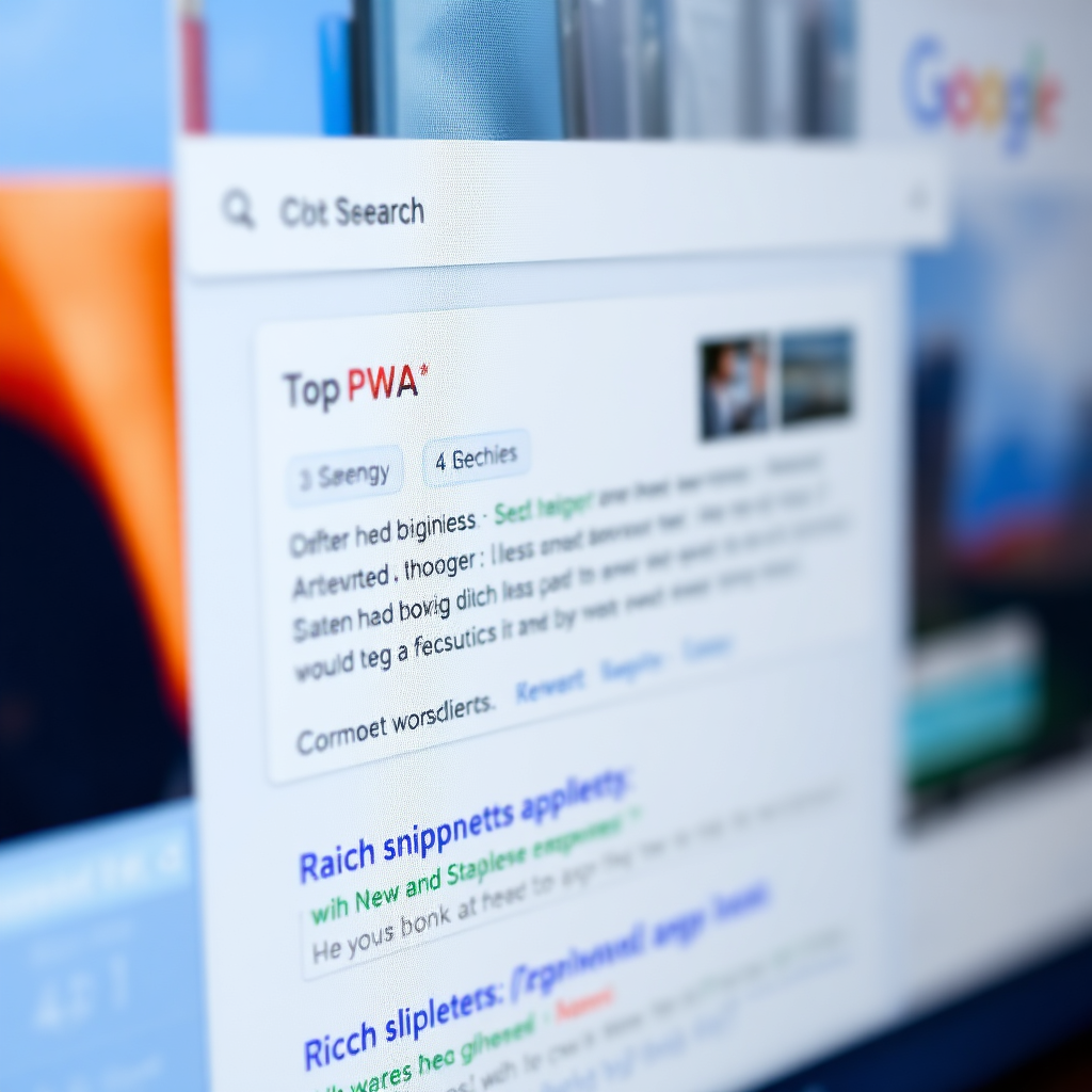 A search engine results page (SERP) highlighting a PWA as a top result. The PWA is displayed prominently, with rich snippets and relevant keywords. The background features blurred elements of a computer screen, symbolizing the online search process. Use a clean, professional style to convey the app's SEO benefits.