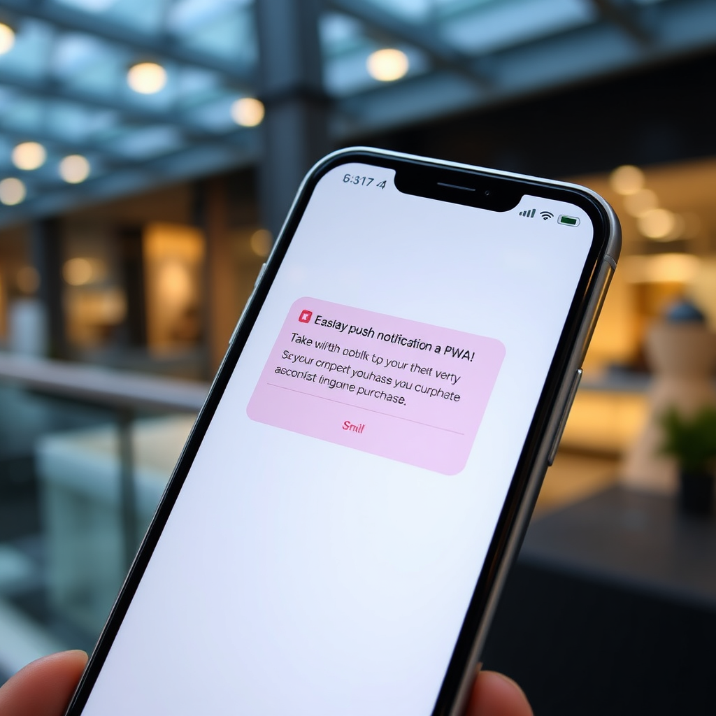 A smartphone screen displaying a push notification from a PWA, prompting the user to take a specific action (e.g., complete a purchase). The notification is visually appealing and relevant to the user's interests. The surrounding environment is a modern, stylish setting, symbolizing the app's sophistication.