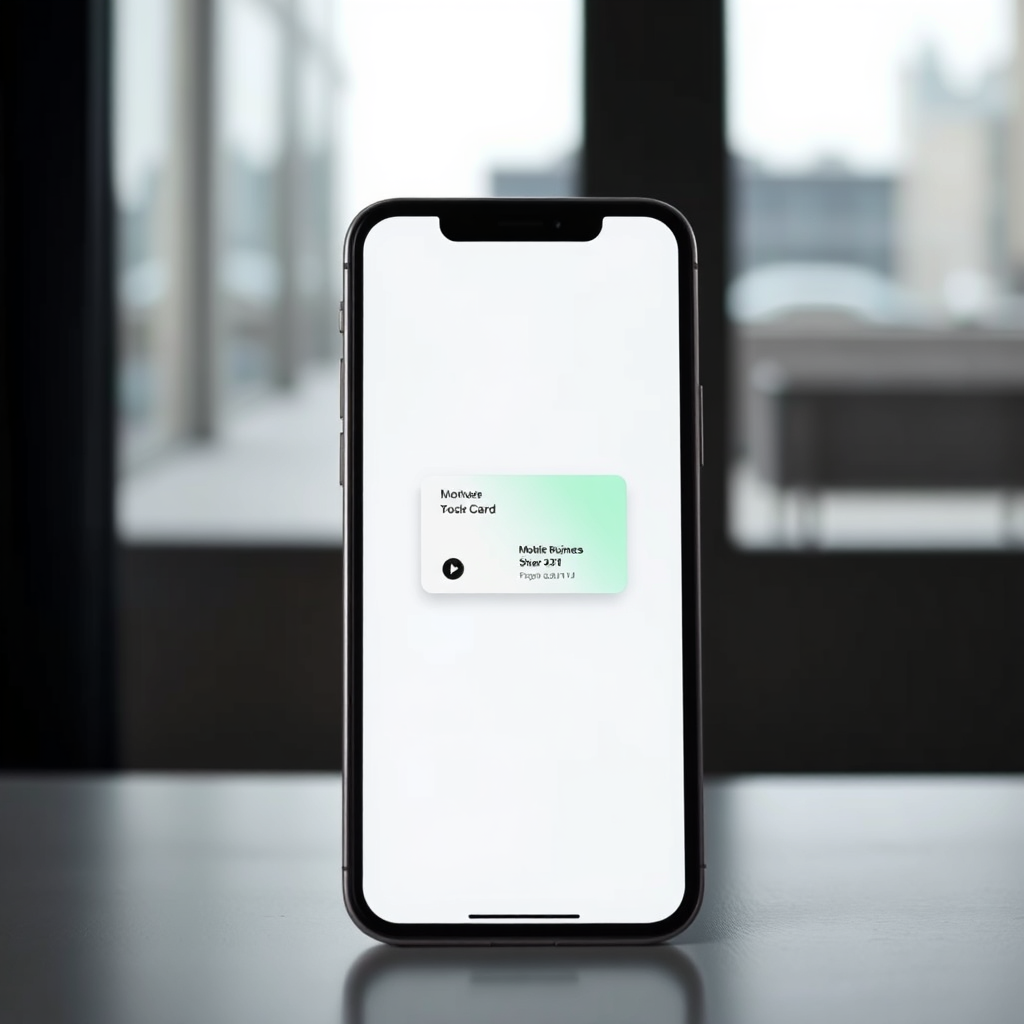 A smartphone with a clean, minimalist design displaying a mobile business card icon on its home screen. The background is a time-lapse sequence showing days passing, symbolizing the enduring presence of the card. The color palette is muted and sophisticated.
