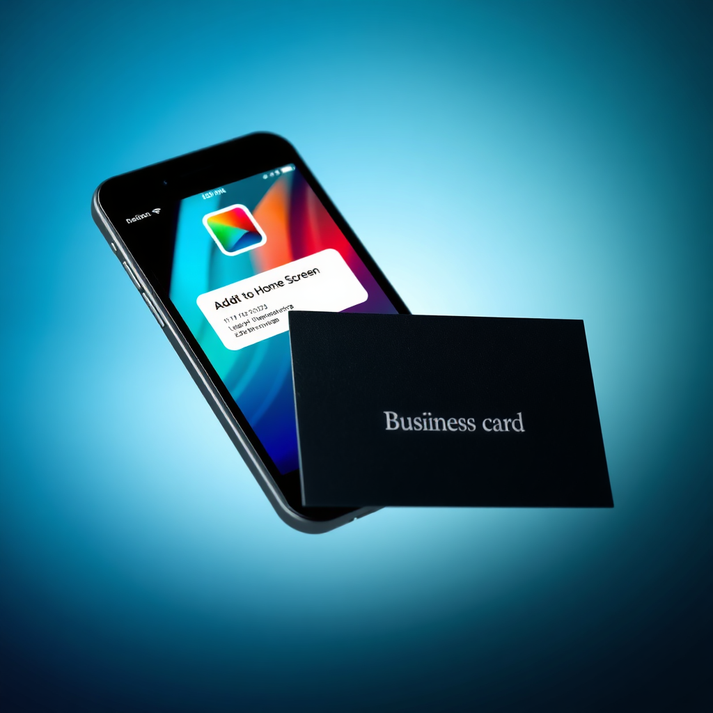 A stylized, high-quality (4K) image depicting a smartphone screen transitioning into a physical business card. The smartphone screen displays a vibrant mobile business card with a prominent 'Add to Home Screen' icon. As the card is virtually 'added,' it visually morphs into a sleek, professionally designed physical business card with raised lettering. The background should be a soft, blurred gradient of corporate colors (blues and greens). Lighting should be dramatic, highlighting the transition from digital to physical. The style should be modern and minimalist, with a focus on clean lines and visual clarity. The composition should convey a sense of seamless integration and lasting impact. Camera angle: Close-up, focusing on the transformation. Texture should be emphasized, from the smooth glass of the smartphone to the tactile feel of the physical card.