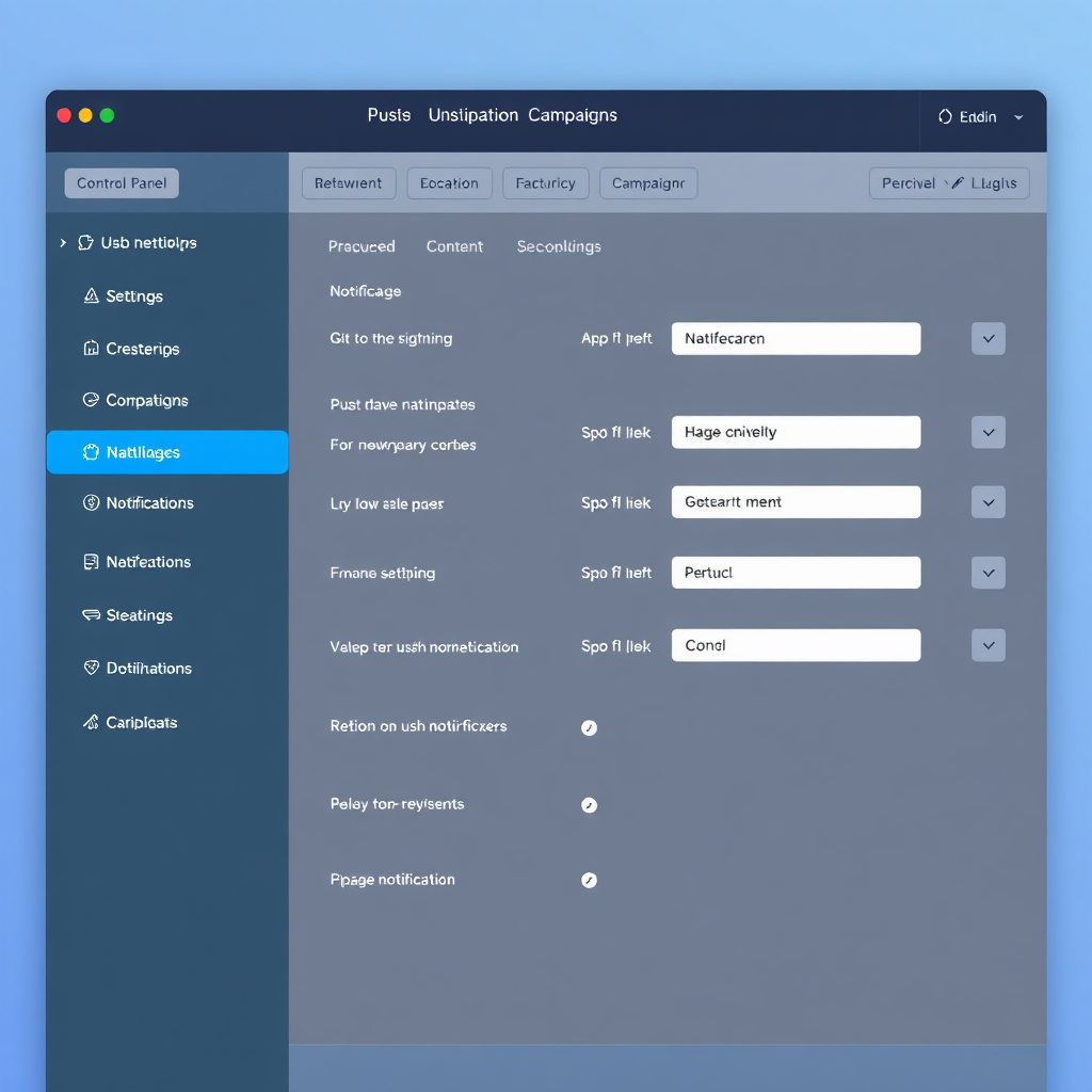 A stylized image depicting a control panel with various settings and options for managing push notification campaigns. The interface should be clean, modern, and easy to use. The color palette should be professional and informative. 4K resolution, high quality.