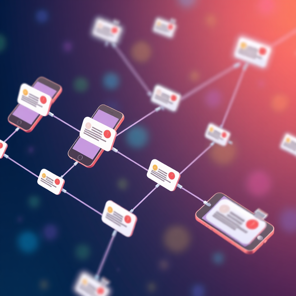 A stylized image depicting a chain of mobile phones linked together with push notification icons as the connecting links. The background should be an abstract representation of a network of connected customers. The color palette should be vibrant and engaging. Style: clean, minimalist, and impactful. 4K resolution, high quality.
