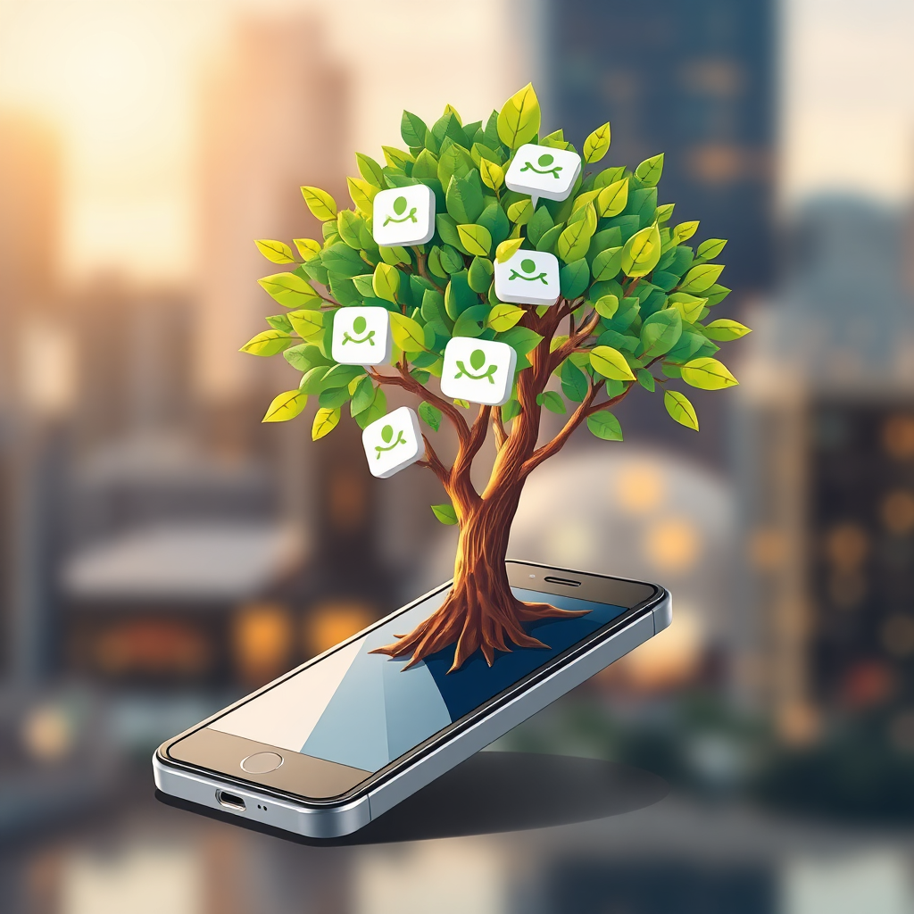 A stylized image depicting a tree growing from a mobile phone, with push notification icons as leaves. The tree is lush and vibrant, representing growth and prosperity. The background features a blurred, abstract representation of a cityscape, symbolizing the business environment. The color palette should be warm and inviting, with greens, golds, and blues dominating. The overall style should be optimistic and forward-looking, conveying a sense of innovation and success. The phone should appear modern and sleek. 4K resolution, high quality.