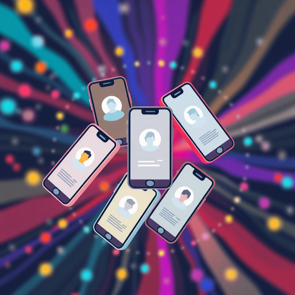 A stylized image depicting mobile phones grouped into different clusters based on user profiles. The background should be an abstract representation of data segments. The color palette should be diverse and engaging. Style: clean, minimalist, and impactful. 4K resolution, high quality.
