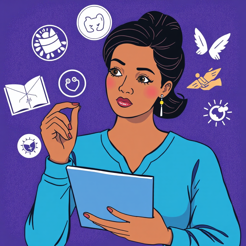 A stylized image showing a woman thoughtfully looking at an ultrasound image, surrounded by symbols representing knowledge and empowerment.