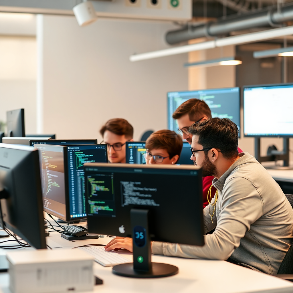 A team of developers working collaboratively on a PWA project. They are surrounded by monitors displaying code and design elements. The environment is a modern, creative workspace, symbolizing innovation and expertise. Focus on collaboration and technical proficiency.