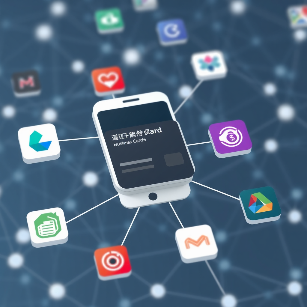 A visual representation of a mobile business card icon connecting to various other app icons and platforms, symbolizing seamless integration and data flow. The background is a network of interconnected nodes.