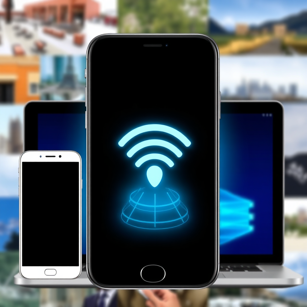 A visual representation of a network connection icon, consistently strong and stable across various devices (smartphone, tablet, laptop). The background is a blurred montage of different environments, symbolizing the app's universal accessibility. Use a tech-forward style to emphasize the app's reliability.