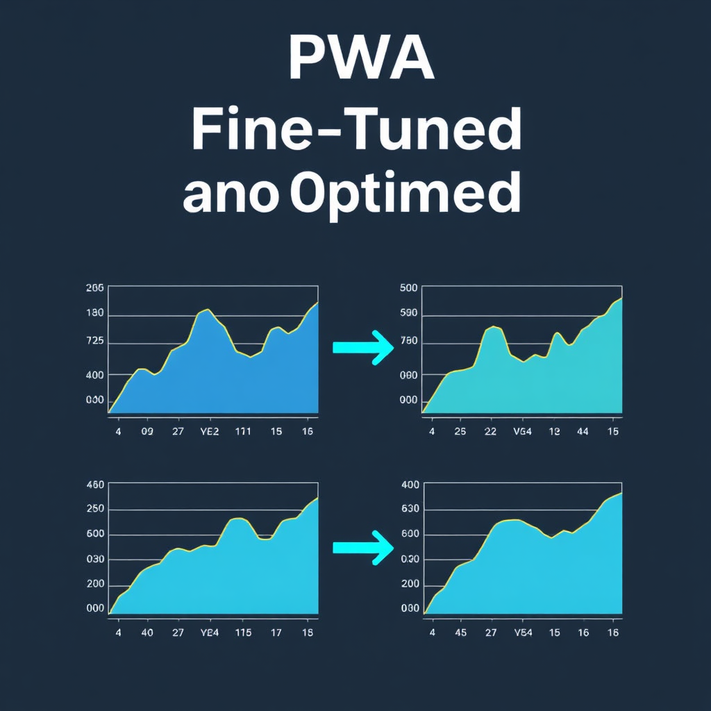 A visual representation of a PWA being fine-tuned and optimized. Charts and graphs display performance improvements, highlighting the optimization process. Use a tech-forward style to emphasize the technical expertise involved.