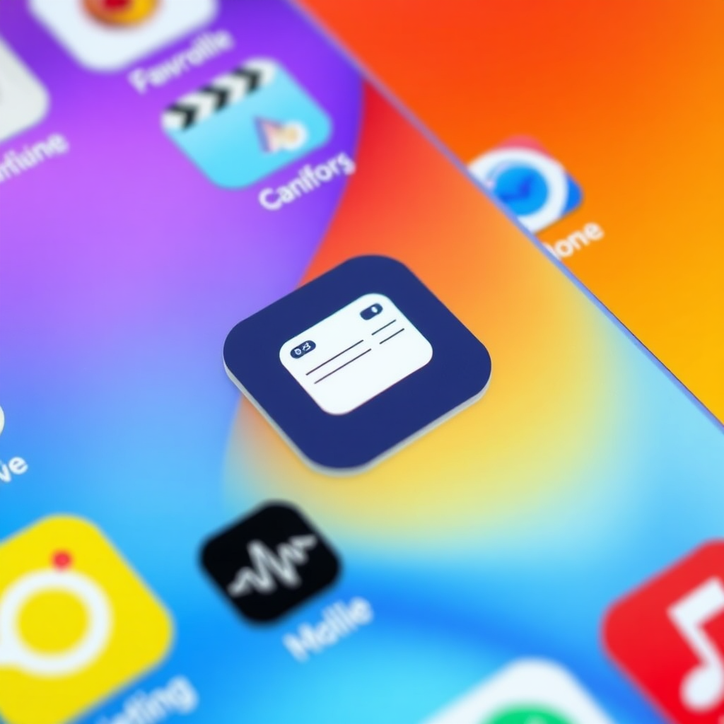 A visual representation of a smartphone home screen, where a mobile business card icon is prominently displayed in the center, surrounded by less important icons pushed to the periphery. The color palette is bright and optimistic.