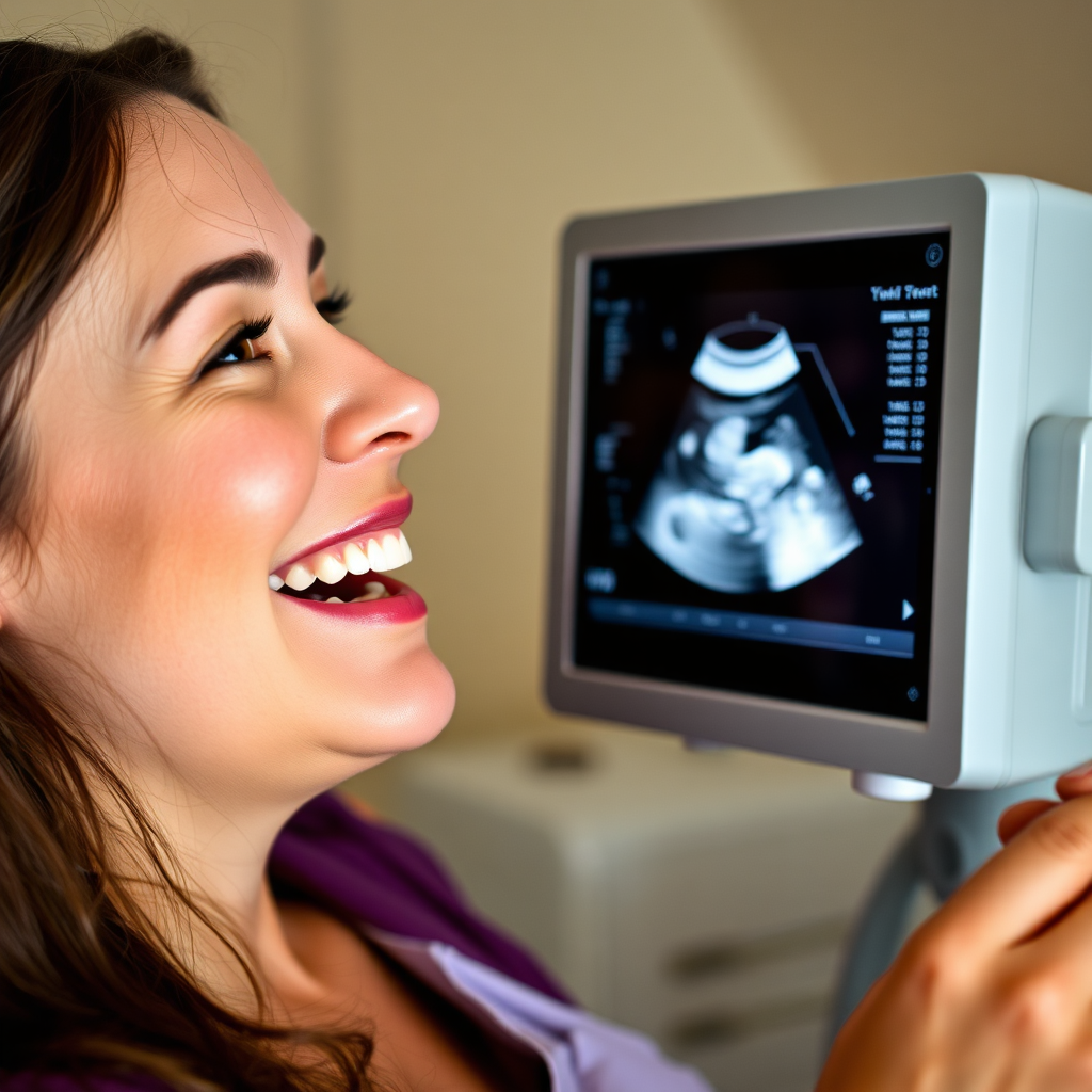 An image capturing a woman's face lighting up with joy as she views her ultrasound, conveying the emotional impact of the experience.