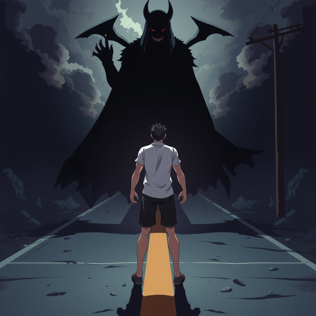 Create a stylized image depicting a person standing firm against a shadowy figure representing temptation. Use dramatic lighting to highlight the struggle between good and evil. The color palette should be contrasting, with dark shadows and bright highlights. The setting should be a crossroads, symbolizing the choices we face in life. Technical specs: 4K resolution, high quality, stylized rendering.