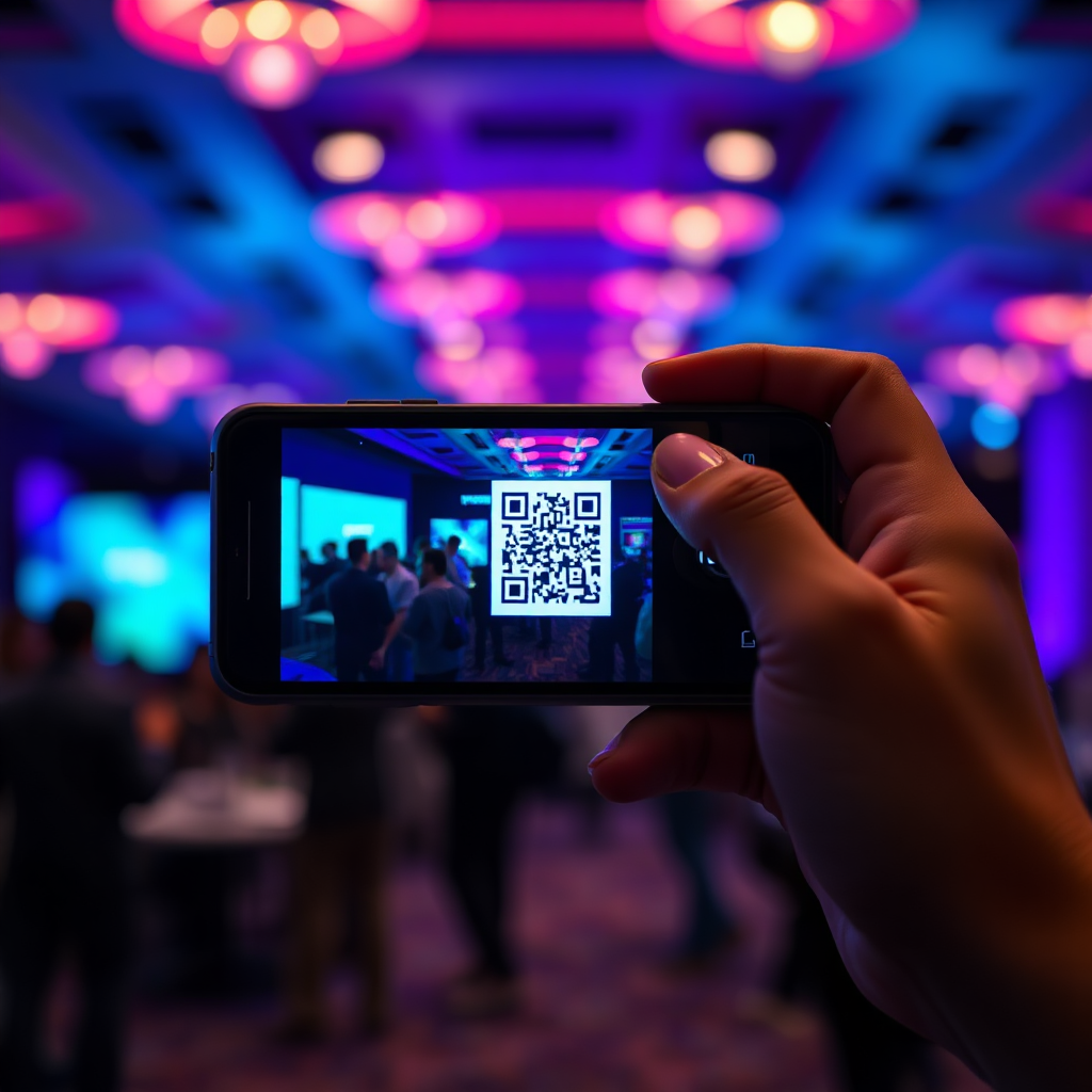 Close up of a smartphone scanning a digital business card QR code in a dimly lit, modern conference setting