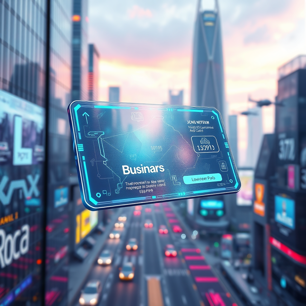 Create a futuristic image depicting a sleek, transparent mobile business card hovering in a modern, technologically advanced city. The card displays holographic information and interacts seamlessly with the environment. The background is a vibrant cityscape with holographic displays and flying vehicles.