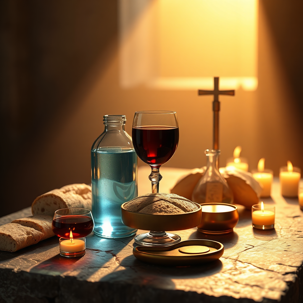 Create a photorealistic and symbolic image representing the sacraments as understood by Augustine. Imagine a series of sacred objects, each representing a different sacrament: bread and wine for the Eucharist, water for baptism, oil for anointing, etc. The objects are arranged on a stone altar, bathed in a soft, golden light. Each object is imbued with a subtle glow, representing the invisible grace it conveys. The color palette should be rich and symbolic, with each color representing a different aspect of faith. Focus on the texture of the objects, the stone altar, and the light. The camera angle should be a close-up shot, emphasizing the details of the objects. Render in 8K resolution for hyperrealistic detail and a sense of reverence.