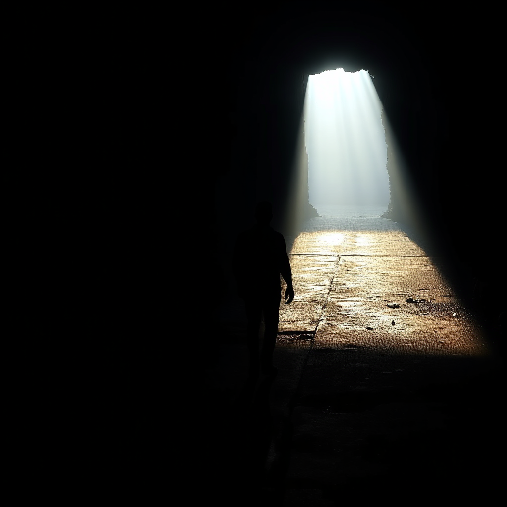 Create a photorealistic image depicting a person walking away from a dark, shadowy path and towards a path bathed in sunlight. The figure should be silhouetted, symbolizing their transformation. The lighting should be dramatic, emphasizing the contrast between darkness and light. The color palette should be stark, with deep shadows and bright highlights. A wide-angle shot capturing the entire journey. Technical specs: 4K resolution, high quality.