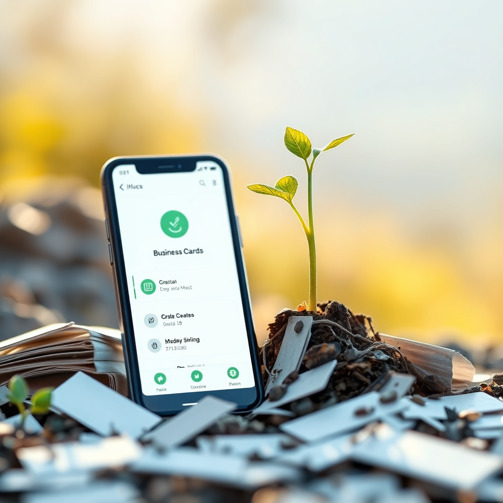 Create a photorealistic image showing a verdant seedling sprouting from a discarded pile of paper business cards, with a mobile phone displaying a digital business card positioned nearby. The scene symbolizes the eco-friendly nature of digital business cards versus paper. The lighting should be natural and warm, emphasizing the growth of the seedling. The background should be a blurred natural landscape. The camera angle should be a close-up shot, focusing on the seedling and the contrast between the paper and the phone. Style reference: Environmental advocacy imagery.