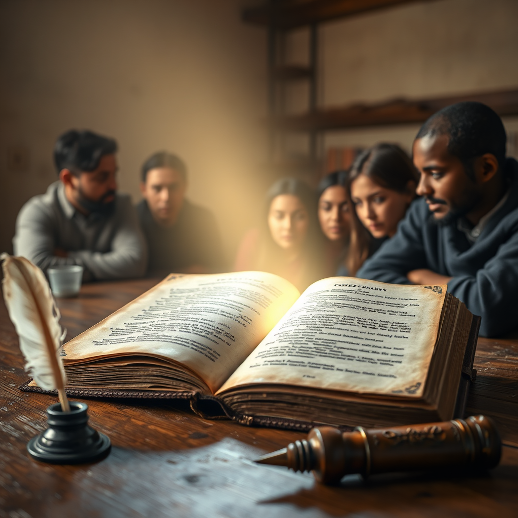 Create a photorealistic image representing the enduring impact of the Curé of Ars' sermons. Depict a weathered, antique book of sermons open on a wooden table. Emanating from the book is a soft, ethereal light that illuminates a diverse group of modern individuals, each engrossed in contemplation. The lighting should suggest hope and enlightenment. The color palette should be warm and inviting. A close-up camera angle, focusing on the open book and the faces of those illuminated by its light. The texture details of the aged paper and worn leather of the book must be rendered with high fidelity. The environment should be simple and uncluttered, emphasizing the focus on the sermons' impact. Props include a quill pen and inkwell. Style reference: A blend of realism and subtle surrealism. Technical specs: 4K resolution, high quality, depth of field focusing on the text.