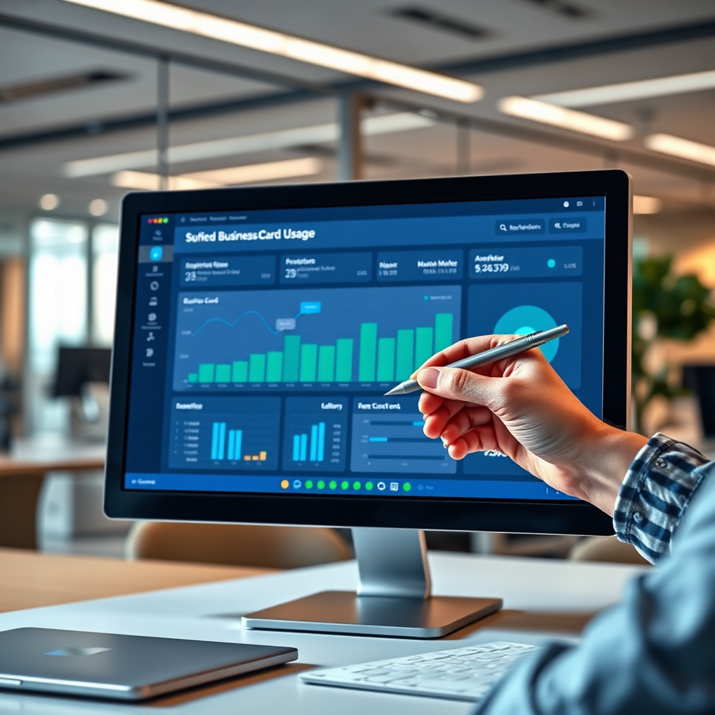 Create a photorealistic image showing a dashboard on a computer screen displaying analytical charts and graphs relating to business card usage. A hand is hovering over the screen with a pen, analyzing the data. The background is a modern office setup. Color palette: Blues, greens, and grays. The image should convey the idea of insights gained through data.