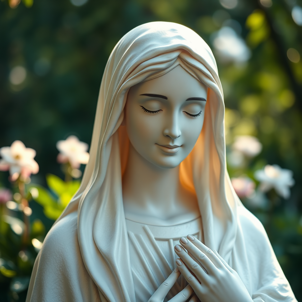 Create a photorealistic image depicting a statue of Mary, bathed in soft, diffused light. The statue should be serene and compassionate, with a gentle smile. The background should be a lush garden, symbolizing peace and tranquility. The color palette should be soft and pastel, with hints of blue and white. A close-up shot emphasizing the beauty and serenity of Mary. Technical specs: 4K resolution, high quality.