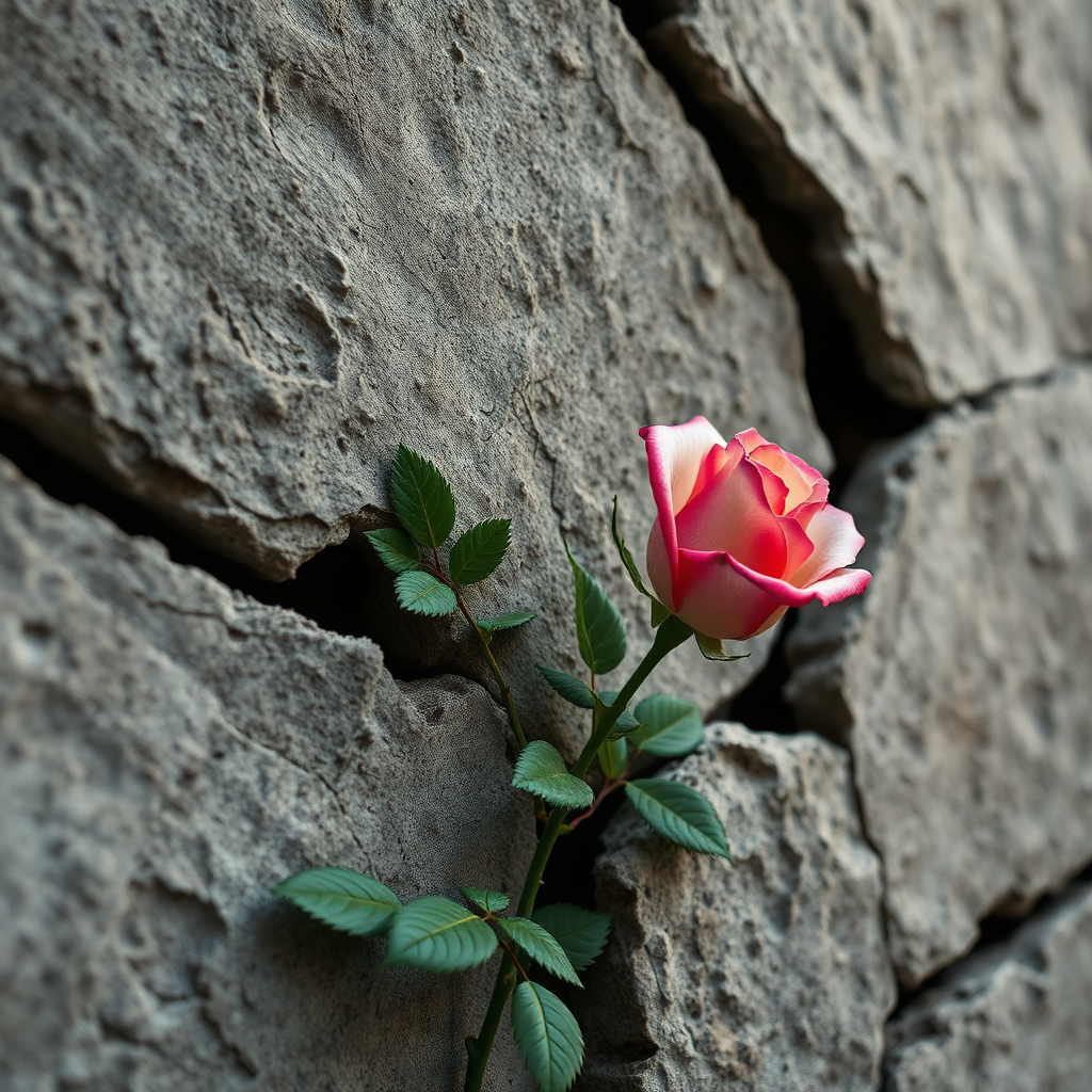 Create a photorealistic image of a single rose growing through cracks in a stone wall. The rose symbolizes beauty and hope emerging from hardship. The lighting should be soft and diffused, highlighting the rose's delicate petals. The color palette should be muted and earthy, with a pop of vibrant color from the rose. A close-up camera angle, emphasizing the contrast between the rose and the stone. Technical specs: 4K resolution, high quality.