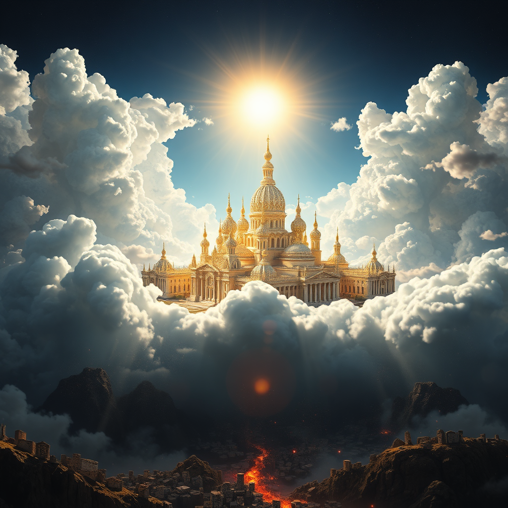 Create a photorealistic image depicting the 'City of God' as envisioned by St. Augustine. Imagine a radiant, celestial city floating amidst the clouds, bathed in an ethereal light. The city is built of gleaming white marble and gold, with towering spires and intricate architecture. Below, on a darkened earth, a contrasting scene of chaos and strife unfolds, representing the earthly city. The color palette should be dominated by celestial blues, golds, and whites, contrasted with the darker tones of the earth. Focus on the texture of the marble, the clouds, and the details of the architecture. The camera angle should be a wide, panoramic view, emphasizing the contrast between the two cities. The style should be reminiscent of Renaissance paintings of heaven and hell, with a focus on symbolism and allegorical representation. Render in 8K resolution for hyperrealistic detail and breathtaking visual impact.