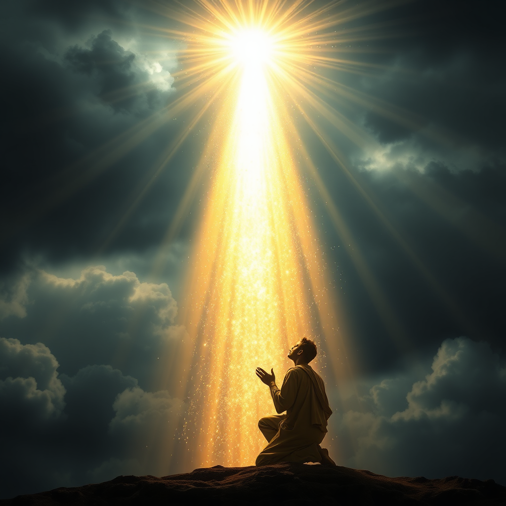 Create a photorealistic visual representation of divine grace as envisioned by Augustine. Imagine a beam of radiant light descending from the heavens, illuminating a figure kneeling in prayer. The light is composed of countless particles of shimmering gold, symbolizing the transformative power of grace. The background is a dark and stormy sky, representing the challenges and struggles of life. The color palette should be dominated by golds, whites, and blues, contrasting with the darker tones of the sky. Focus on the texture of the light, the clouds, and the figure's clothing. The camera angle should be a slightly low shot, emphasizing the height and power of the light. Render in 8K resolution for hyperrealistic detail and a sense of awe.